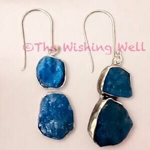 Neon Blue Apatite Dangle Earrings Sterling Silver Hand Crafted  Earrings 1.75"